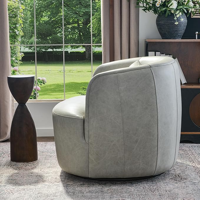 KINWELL 33'' W 100% Top Grain Genuine Leather Swivel Barrel Armchair No Assembly Round Upholstered Leather Swivel Accent Chairs with Toss Pillow for Living Room Office Lounge, Light Gray