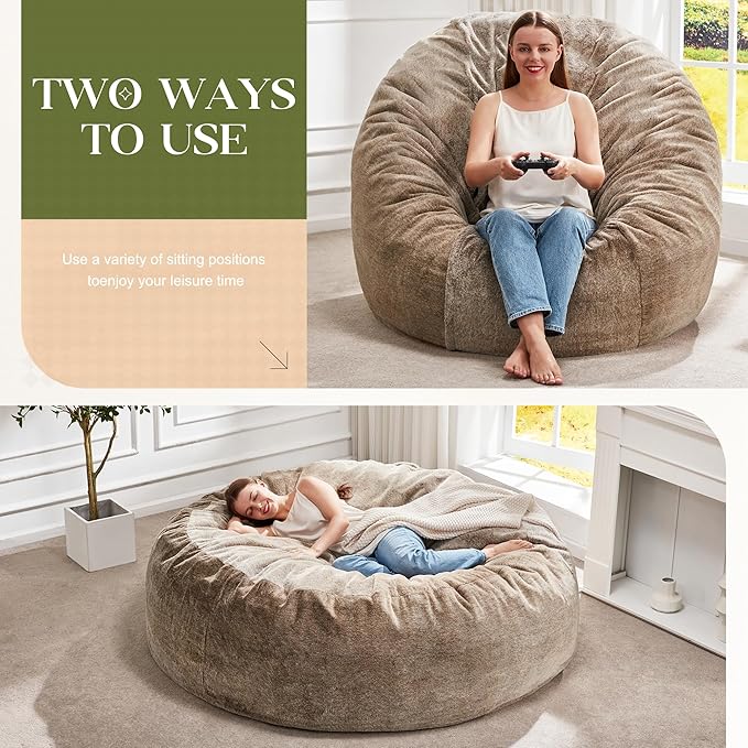 Hobestluk Bean Bag Chairs Giant Beanbag Chair with Filler, Memory Foam Bean Bags with Fluffy & Machine Washable Cover, Bean Bag Chairs for Aduts for Living Room, Bedroom (BROWN, 5FT - 50” x 50” x 24”)
