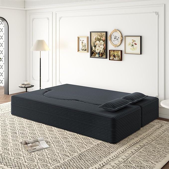 No Assembly Required Modern Floor Sofa, Convertible Plush Corduroy Sleeper Sofa Bed with 2 Pillows, Full Size Folding Mattress for Living Room and Guest Bed, Dark Grey