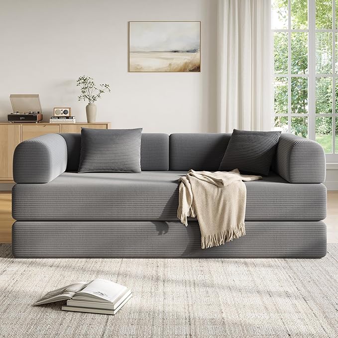 79 Inch 5-in-1 Convertible Sofa Bed, Corduroy Boneless Floor Couch with Fixed Frame & Pillow, Modular Folding Mattress Lounger for Small Space, Living Room, Bedroom - Easy Assembly(DARK GRAY)