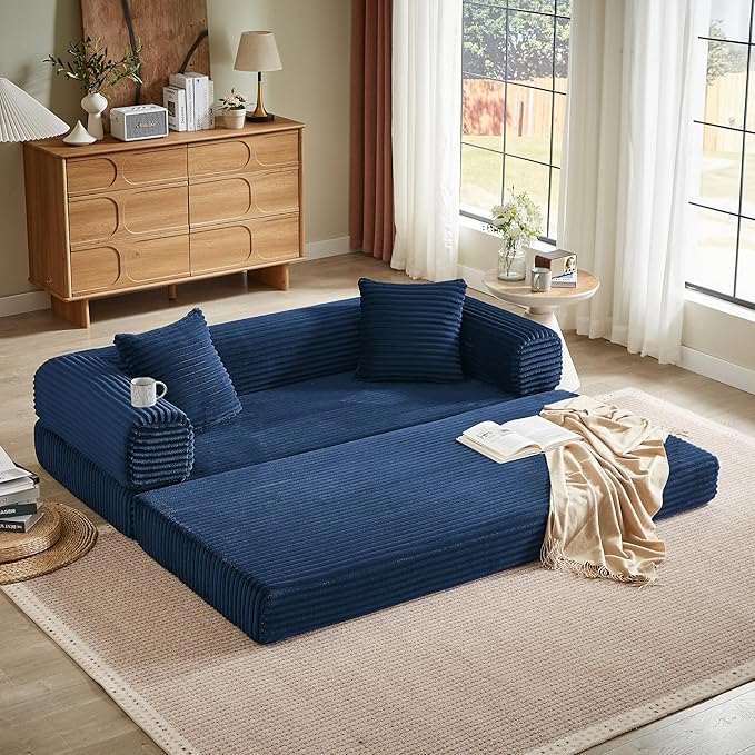 Chorlenimi Boneless Couch Futon Sofa Bed Sectional Couches for Living Room,Cloud Couch with Sleeper Sofa,Sofas for Living Room Oversized Corduroy Upholstered (Blue, 76 Inches (No Iron Frame))