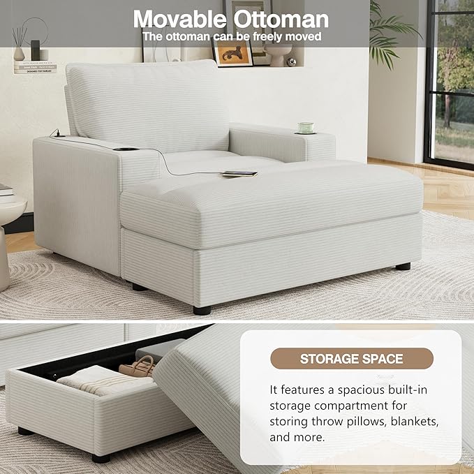 Merax 42.8" Oversized Chaise Lounge Chair with Storage Ottoman,Corduroy Sofa Bed with Cup Holders,USB Charging Port,Upholstered Sleeper Chair,Deep - Seat Reading Couch for Living Room,Bedroom,Beige