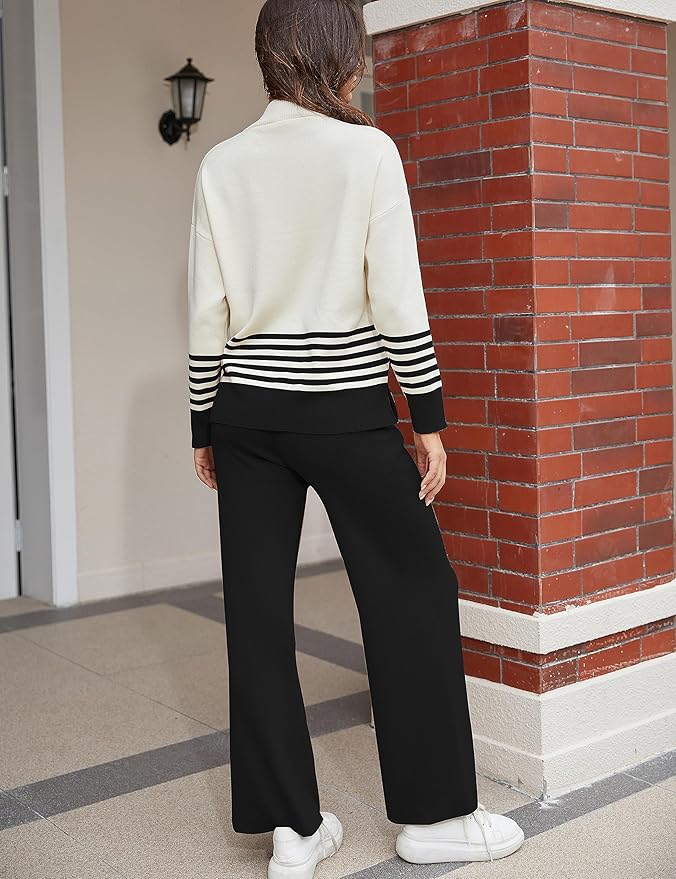 Tanming Women's Lounge Sets 2 Piece Outfits Knitted Pullover Sweater Tops Wide Leg Pants Tracksuit
