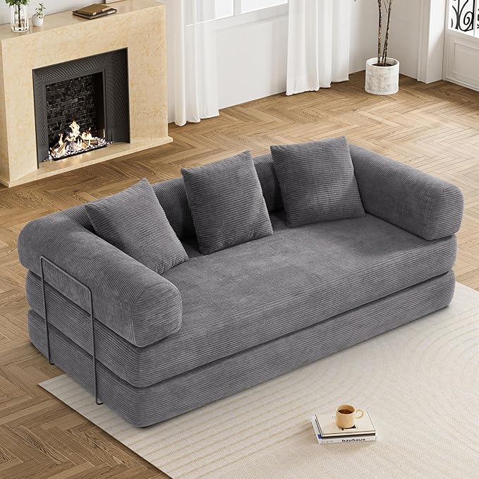 DAMAIFROM Convertible Sleeper Sofa Bed with Pillow, 4-in-1 Corduroy Folding Mattress Couch with Fixed-Shape Frame, Futon Fold Out Floor Sofa Cama Lounge Couch for Living Room Bedroom Studio, Grey