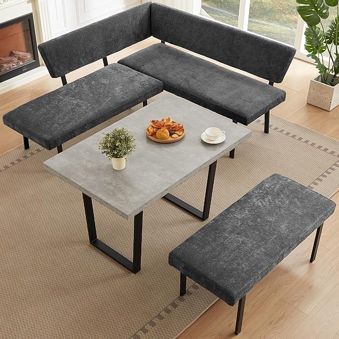 3-Piece Corner Dining Table Set with Bench, 67 Inch Space-Saving Breakfast Nook for Kitchen & Dining Room, Grey