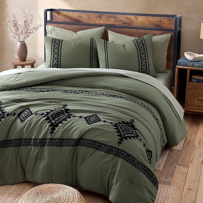 MaiRêve Embroidery Comforter Set, Boho Farmhouse Western Bedding Set, All Season Bed in A Bag Comforter Set with Sheets, Pillowcases & Shams, Olive Green Full 7 Pieces