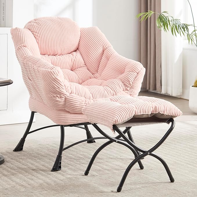 KEIKI Accent Chair with Storage & Ottoman, Flannelette Reading Corner Lazy Chair w/Steel Frame, Comfy Lounge Arm Chair W/Footrest, Leisure Sofa Armchair for Living Room, Bedroom, Easy Assembly, Pink