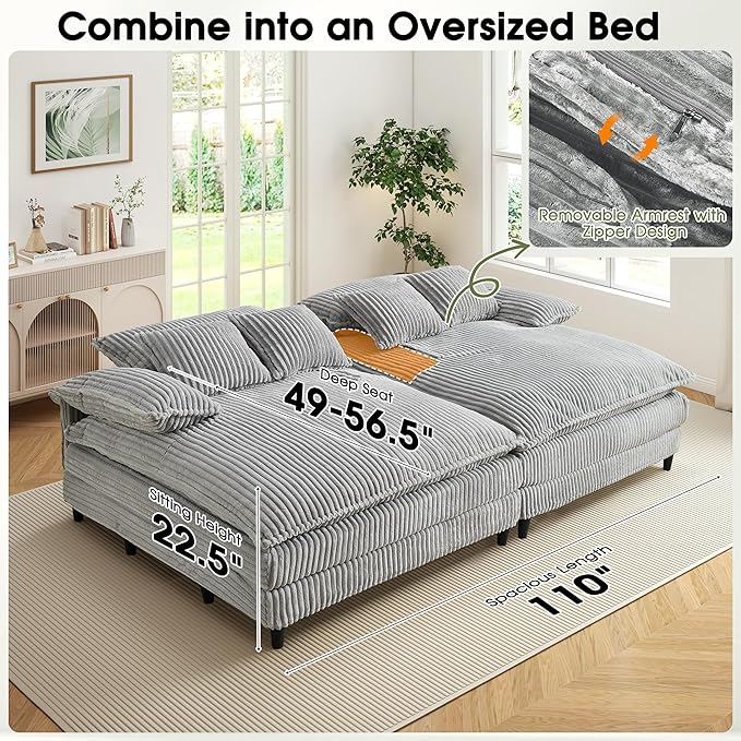 54.8" W Oversized Chaise Lounge Chair Indoor with 5-Position Adjustable Backrest, Corduroy Sleeper Sofa Bed with 3 Pillows, Modern Cloud Couch Chair for Living Room, Bedroom, Grey
