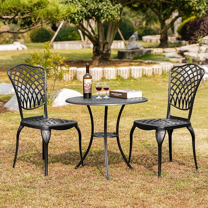 Withniture Bronze Patio Bistro Set - 3 Piece Outdoor Cast Aluminum Furniture, Large Table & Chairs, Weather Resistant, Adjustable Foot Pads, Umbrella Hole
