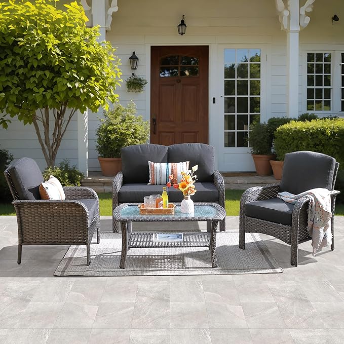 ovios 4 Pieces Patio Furniture Set, Outdoor Wicker Sofa with Coffee Table, Chairs, All Weather High Back Rattan Loveseat Couch with Comfy Cushions, Black