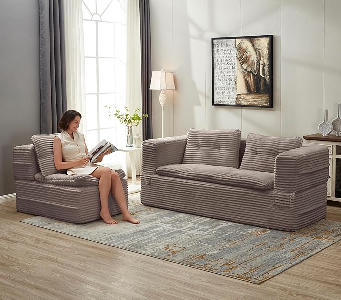80" Foldable Floor Couch, 3-Seat Convertible Sleeper Sofa with Chaise Lounge, Blanket and 3 Soft Pillows, Corduroy Fabric, for Living Room, Bedroom, Apartment, No Assembly Required, Coffee