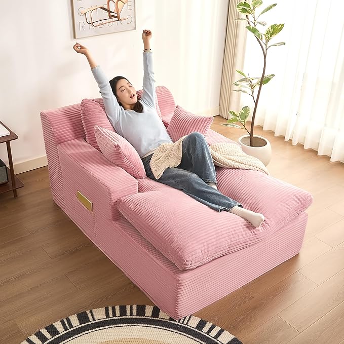 63" Oversized Boneless Chaise Lounge Chair, Extra Cloud Layer, Convertible Sleeper Sofa Couch with Removable Pillows & Side Pockets, Corduroy Upholstered Sofa Bed with Armrests for Living Room, Pink