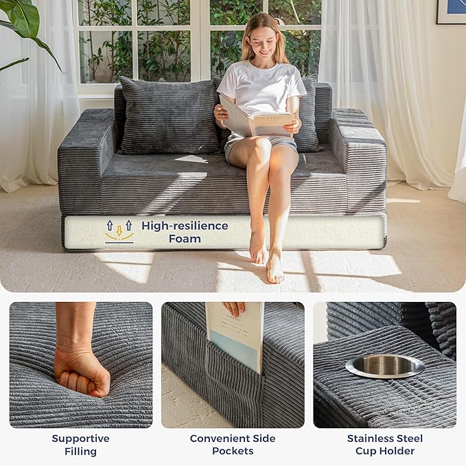 MAXYOYO Loveseat Sofa Bed, 64" Foldable Floor Sofa Couch in A Box with 2 Cup Holders, 4 in 1 Convertible Boneless Couch Folding Recliner Sleeper Chair for Living Room, No Assembly Required, Dark Grey