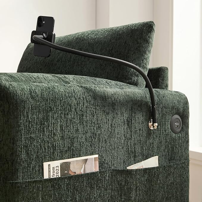 Chenille Single Sofa with Storage Ottoman, Adjustable Phone Holder, USB Charger, Side Storage Pockets, Pillow-Like Armrests, Wide Seat Chaise Lounge for Living Room & Apartment, 4 Colors