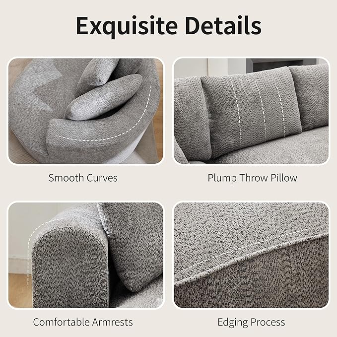 Opiesit 124" Oversized Boneless Couches for Living Room, Sectional Curved Sofa with 7 Pillows, L-Shape Boneless Couch with Deep Seat, High-Density Memory Foam, No Assembly Required, Chenille (Grey)