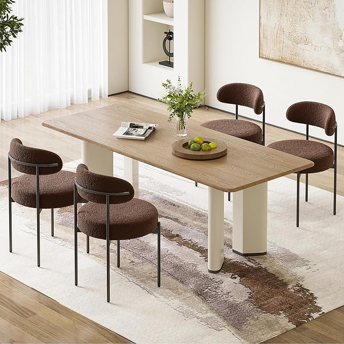 Farini Dining Chairs Set of 4,Mid-Century Modern Kitchen Chair Curved Backrest Round Upholstered Sherpa Dining Chairs with Metal Legs,Coffee