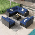 SunloungeCo Patio Furniture Set, 10 Pieces Outdoor Couch Sofa with Wider Armrests & Glass Coffee Table, Outdoor Sectional Furniture with Thick Cushions for Party, Poolside,Garden-Navy