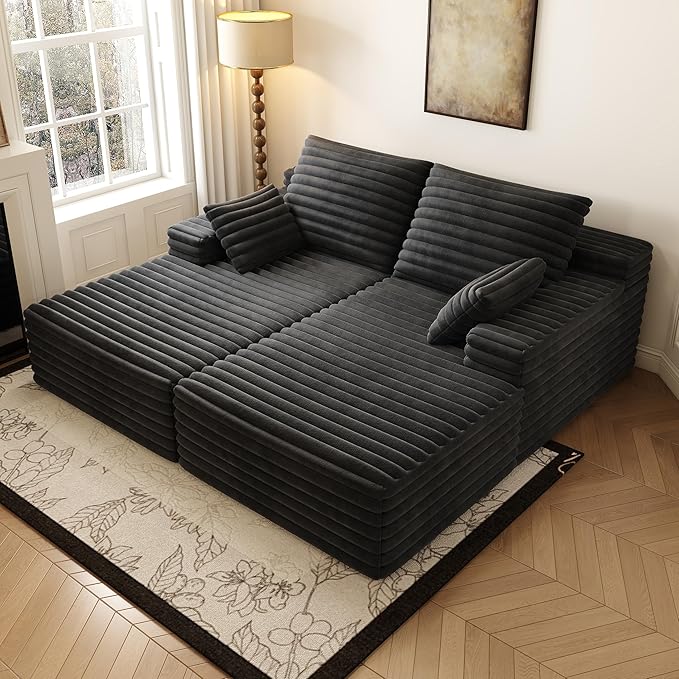80” Oversized Double Lounge Chaise,Cloud Plush Sofa Bed,Upholstered Boneless Cloud Sofa Deep Seat,No Assembly Required,Modern Corduroy Sleeper Loveseat Chair for Living Room Bedroom Reading,Black