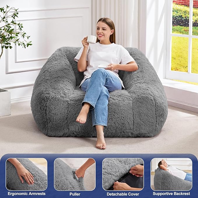Hobestluk Bean Bag Chairs for Adults Giant Bean Bag Chair with Memory Foam Filling, Adult Beanbag for Bedroom, Living Room (Grey Plush)