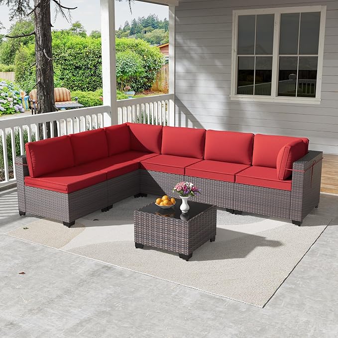 Kullavik 7 Pieces Outdoor Patio Furniture Set,Wicker Outdoor Sectional Sofa,All-Weather Patio Conversation Sets with Washable Thick Cushions & Coffee Table for Garden,Backyard,Balcony,Porch,Red