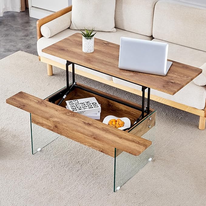 HanStrong 43.3" Lift-Top Coffee Table with Storage,Marble & Tempered Glass Space-Saving for Living Room,Office,Natural