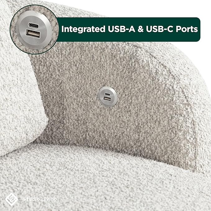 Studio Living® Manchester 44.1" Storage Chair, Modern Farmhouse, Pocket Coil Comfort, USB A & C Power, Easy Assembly, Boucle Fabric, Ivory