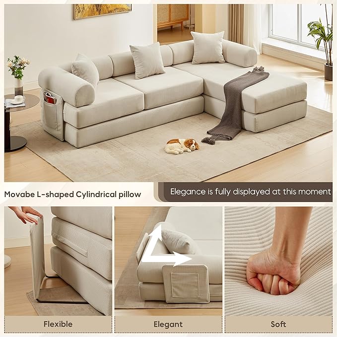 L Shaped Convertible Modular Sofa Bed with Cylindrical Pillow & Reversible Chaise, Corduroy Folding Floor Sofa Couch Bed with Fixed-Shape Frame & Storage Pocket for Living Room, Beige