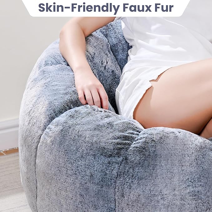 Bean Bag Chairs for Adults, Teens Youth Beanbag Reading Chair with Petal Arm Rest, Comfy Faux Fur Fluffy Bean Bag for Living Room, Bedroom, Dorm, Game - Grey, Large, Low Support