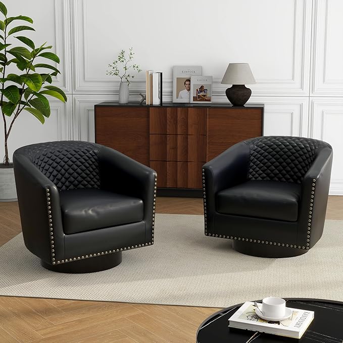 DREAMSIDEA Swivel Barrel Accent Chair, Comfy Modern Upholstered Round Faux Leather Arm Chair for Living Room, Bedroom（Black, Set of 1
