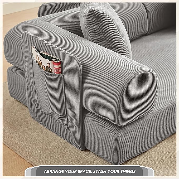L Shaped Convertible Modular Sofa Bed with Cylindrical Pillow & Reversible Chaise, Corduroy Folding Floor Sofa Couch Bed with Fixed-Shape Frame & Storage Pocket for Living Room, Grey