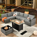 ovios Outdoor 8 Piece Patio Furniture Set with Fire Pit Table,Conversation Sectional Wicker Couch with Coffee Table,Modern Outside Sofa for Balcony Backyard, Dark Grey