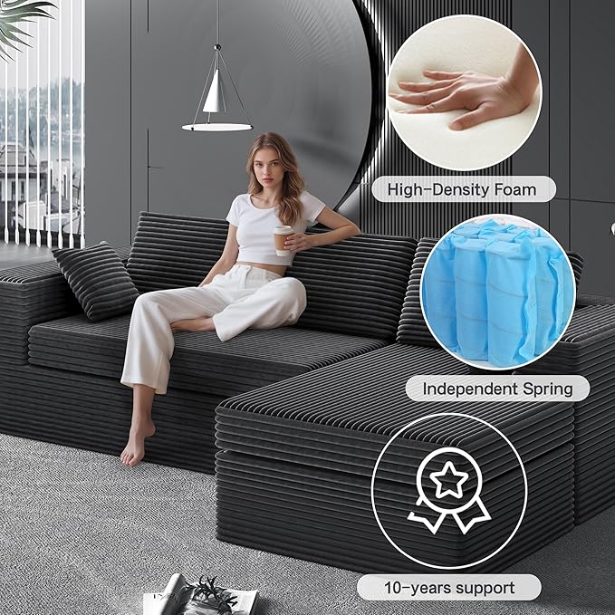luckyvo 108-inch Boneless Couch for Living Room，Comfy Boneless Sofa with Deep Seats & Chaise Lounge, 3-Seat Modular Sofa Memory Foam Sectional Couches - No Assembly Required(Dark Grey)