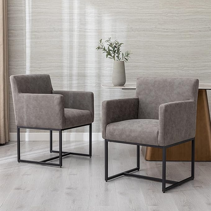 BESTANO Set of 2 Upholstered Dining Chairs with Armrest, PU Leather Modern Accent Armchairs, Kitchen & Dining Room Chairs Side Chairs, Grey