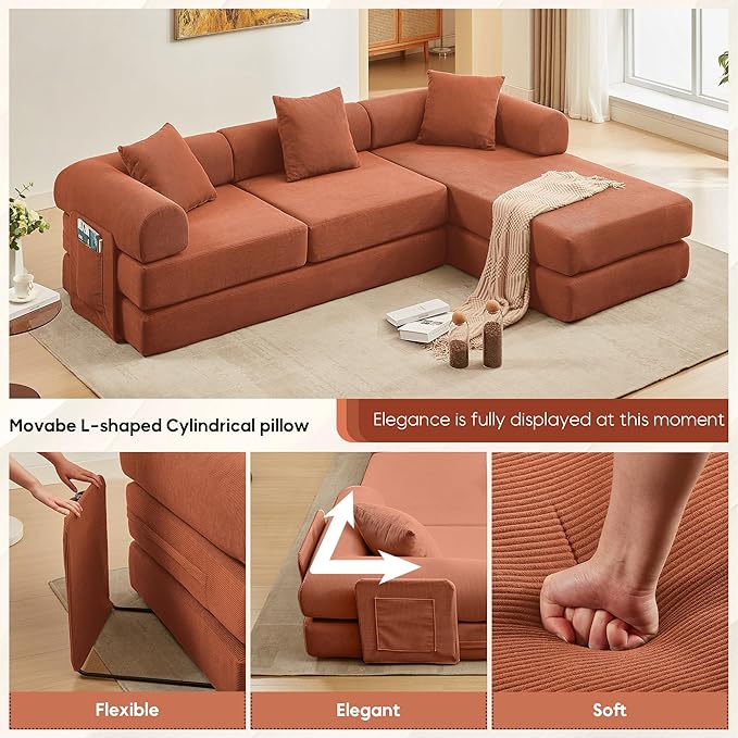L Shaped Convertible Modular Sofa Bed with Cylindrical Pillow & Reversible Chaise, Corduroy Folding Floor Sofa Couch Bed with Fixed-Shape Frame & Storage Pocket for Living Room, Orange