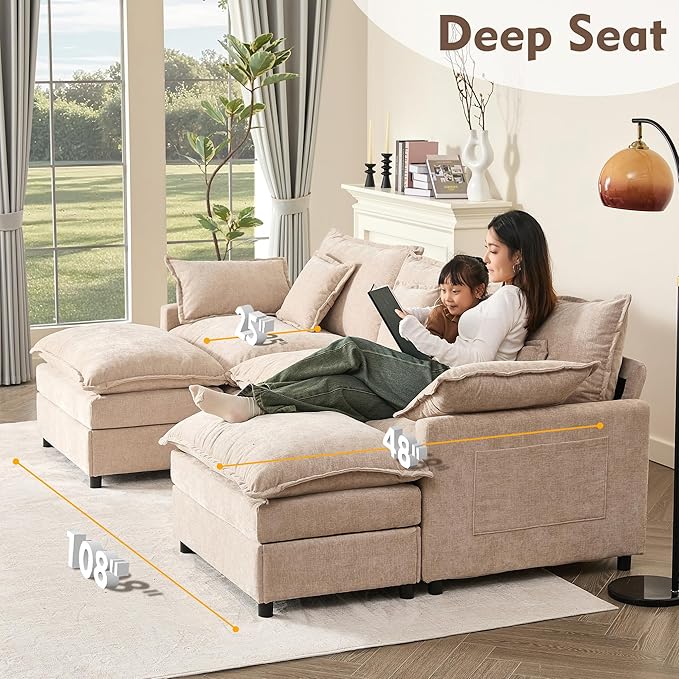 GOSUHI 108" U Shaped Couch, Modular Sectional Sofa, 3-Seater Comfy Cloud Couch with Movable Ottoman, Deep Seat Couches for Living Room, Chenille, Flat White