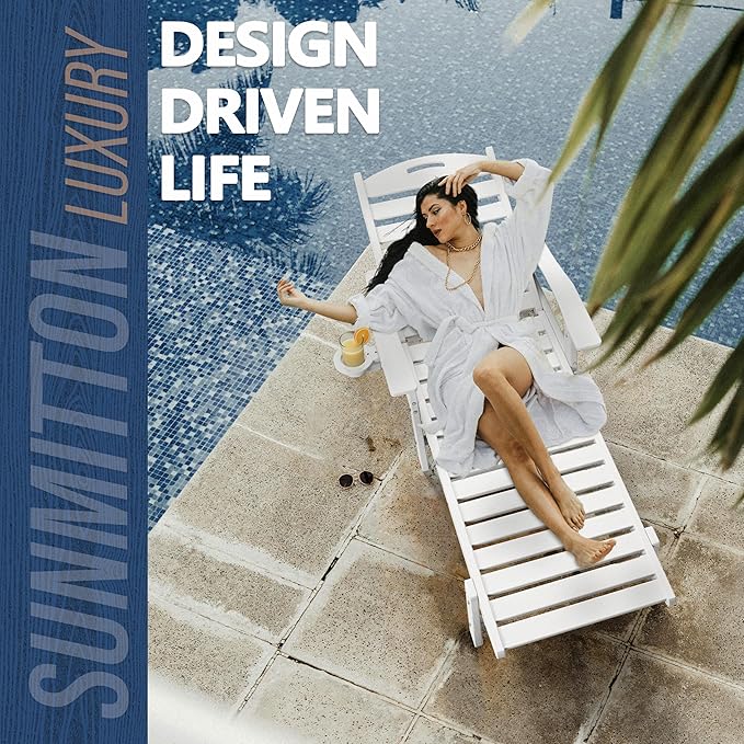 Patio Chaise Lounge Chair Set of 4, HDPE Outdoor Lounge Chairs with 5-Position Adjustable Backrest, Cup Holder and Wheels, 450lbs Capacity for Poolside Deck Backyard, All Weather Material(White)