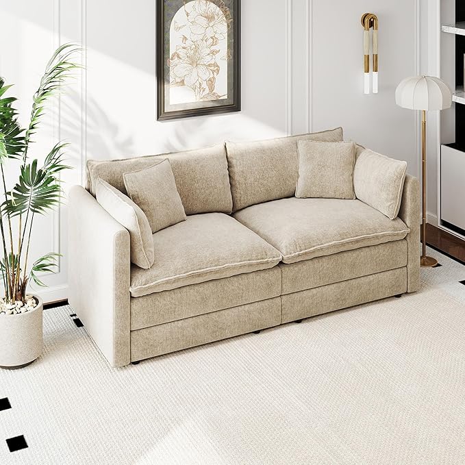 Aoowow Modular Sectional Sofa Modern Convertible Loveseat Couch,77.16 Inch Deep 2-Seater Sofas Comfy Chenille Cloud Sofas and Couches with Pillows for Living Room Apartment（Camel）