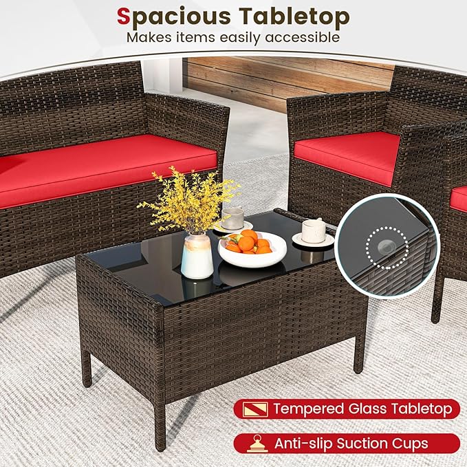 HAPPYGRILL 4 Pieces Outdoor Rattan Conversation Set, Patio Wicker Furniture Set with Loveseat Chairs & Tempered Glass Coffee Table, Outside Sectional Sofa Set for Backyard Garden Poolside, Red