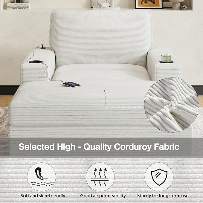 Merax 42.8" Oversized Chaise Lounge Chair with Storage Ottoman,Corduroy Sofa Bed with Cup Holders,USB Charging Port,Upholstered Sleeper Chair,Deep - Seat Reading Couch for Living Room,Bedroom,Beige