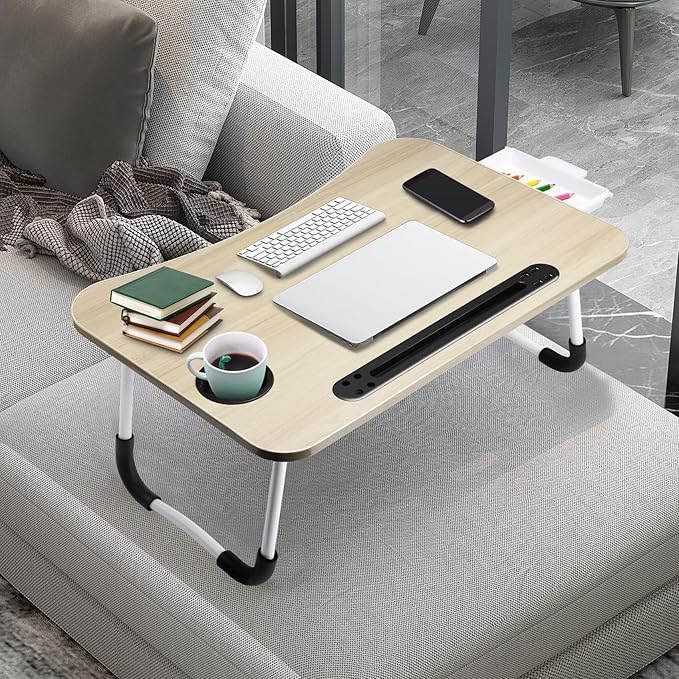 Slendor Lap Desk with Tablet Slot, Foldable Laptop Table with Storage Drawer，Portable Bed Desk for Laptop, Computer Tray with Cup Holder Notebook Stand Reading Holder for Couch Floor, White Maple
