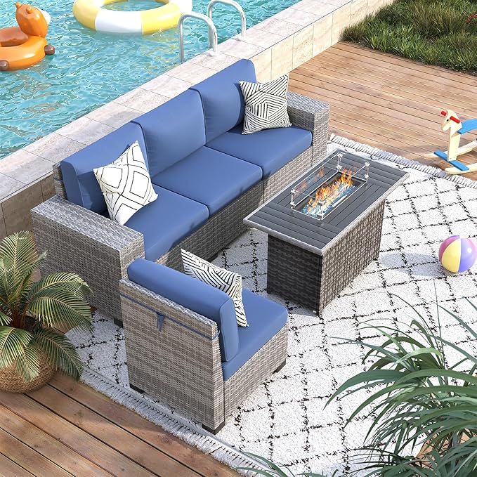 5 Piece Patio Furniture Set with Fire Pit Table, Outdoor Conversation Sets Grey Wicker Rattan Sectional Sofa, 4'' Thickened Cushion Navy Blue (Include Waterproof Cover)