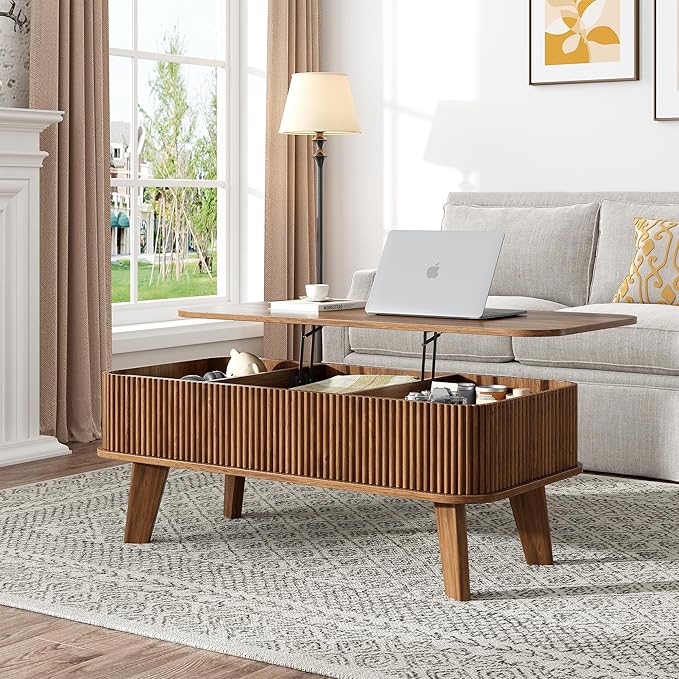 LCVTND Fluted Lift Top Coffee Table with Storage, Modern Wood Coffee Table Retro Center Table with Hidden Lifting Table Top Compartment for Living Room, Home, Office, Walnut