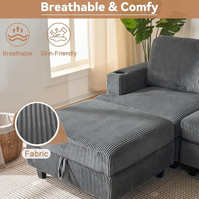 120" U Shaped Modular Sectional Sleeper Sofa, Soft Corduroy Sectional with Armrests, 2 Cup Holders & 2 USB Ports, 21" Deep Seat Cloud Couch for Living Room, Bedroom Office (Grey, 4 Seat + 2 Ottoman)