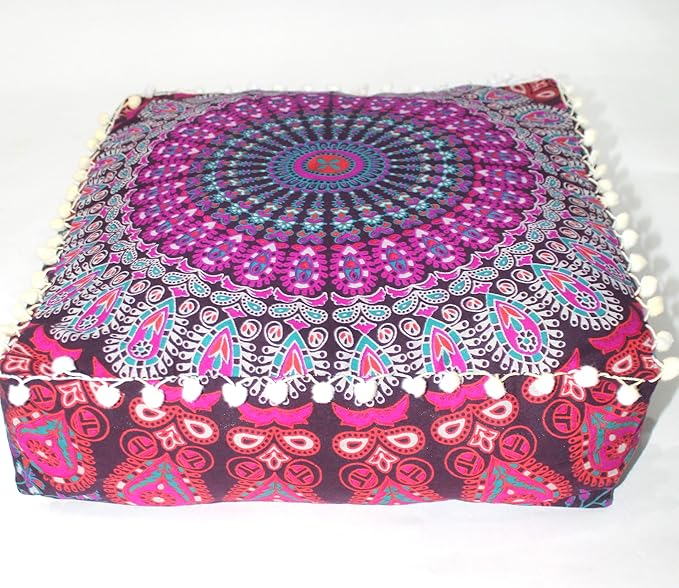 CRAFT KALA Pink Peacock Large Hippie Mandala Meditation Floor Ottoman Pillow Cushion Pouf Cover Square Poufs Bohemian Circle Floor Cushion Case Outdoor Fireplace Living Room Decor Cover 16" Square