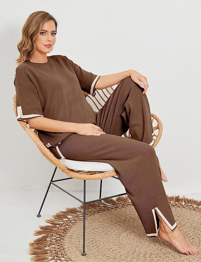 Faleave Womens Knit 2 Piece Sweater Sets Short Sleeve Pullover Tops Elastic Waist Wide Leg Pants Lounge Set