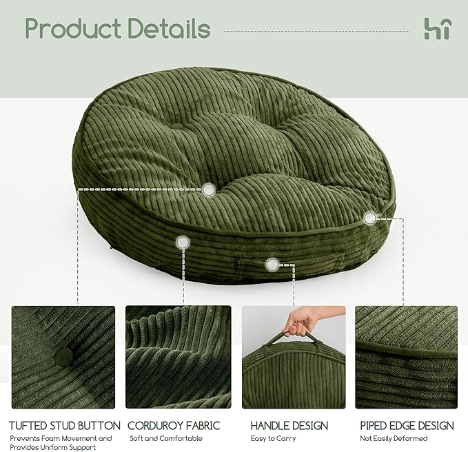 HIGOGOGO Washable Floor Pillow Cushion for Adults, Meditation Cushion Pillow, Large Round Floor Sitting, Removable Tufted Corduroy Cover, for Tatami Living Room or Yoga, 22x22 Inch, Machine Washable