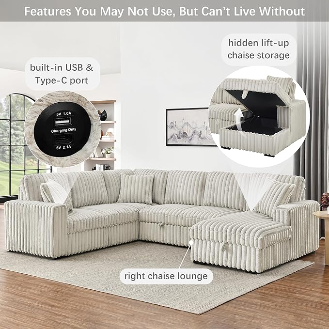 Olodumare Oversized Convertible Sectional Sofa Bed for Living Room, Modern 122'' Corduroy Upholstered U-Shaped Couch with Right Chaise Hidden Storage & Pull-Out Bed, USB & Type-C Port, Cream Khaki