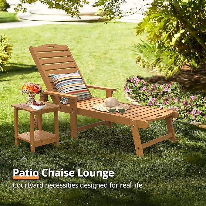 LUE BONA Outdoor Chaise Lounge Chairs Set of 2, HDPS Chaise Lounger, 5 Positions Adjustable Lounge Chairs, Pool Lounge Chair with Wheels for Poolside, Patio, Restaurant, 3 Year Warranty, Teak Color