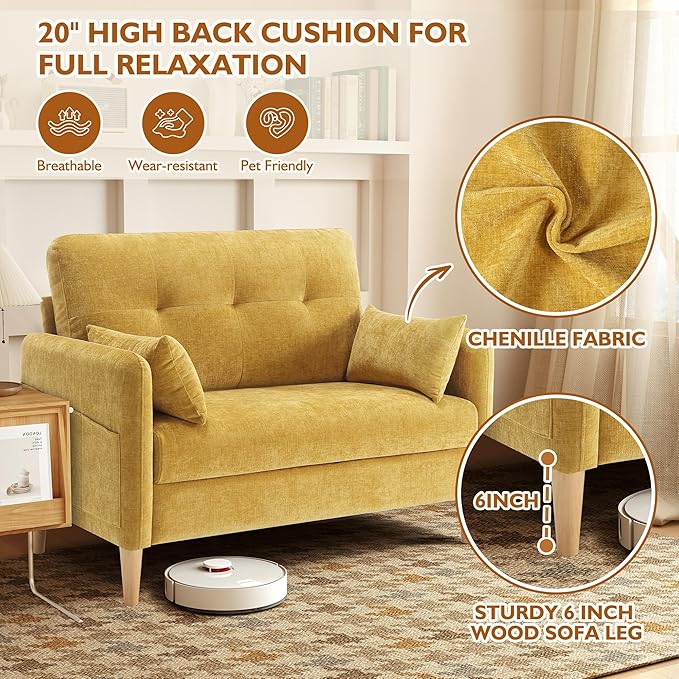 47" Small Sofa Couch for Bedroom, Soft Chenille loveseat Mini Couch with Throw Pillow and Removable Cushion Cover for Small Spaces, Living Room, Apartment, Dorm, Office(Yellow)