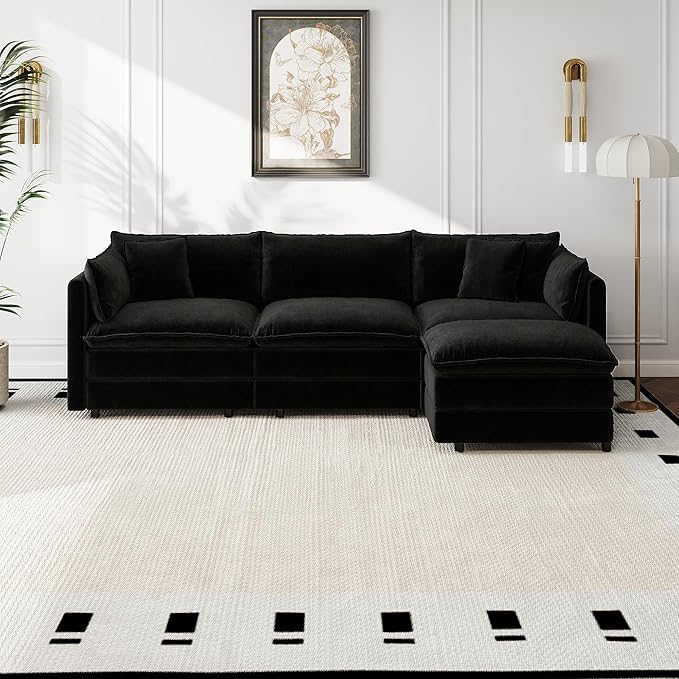 Aoowow Modular Sectional Sofa Modern Convertible L Shaped Couch,112.2 Inch Deep 3-Seater Sofas Set Comfy Chenille Cloud Sofas and Couches with Movable Ottoman for Living Room Apartment（Black）